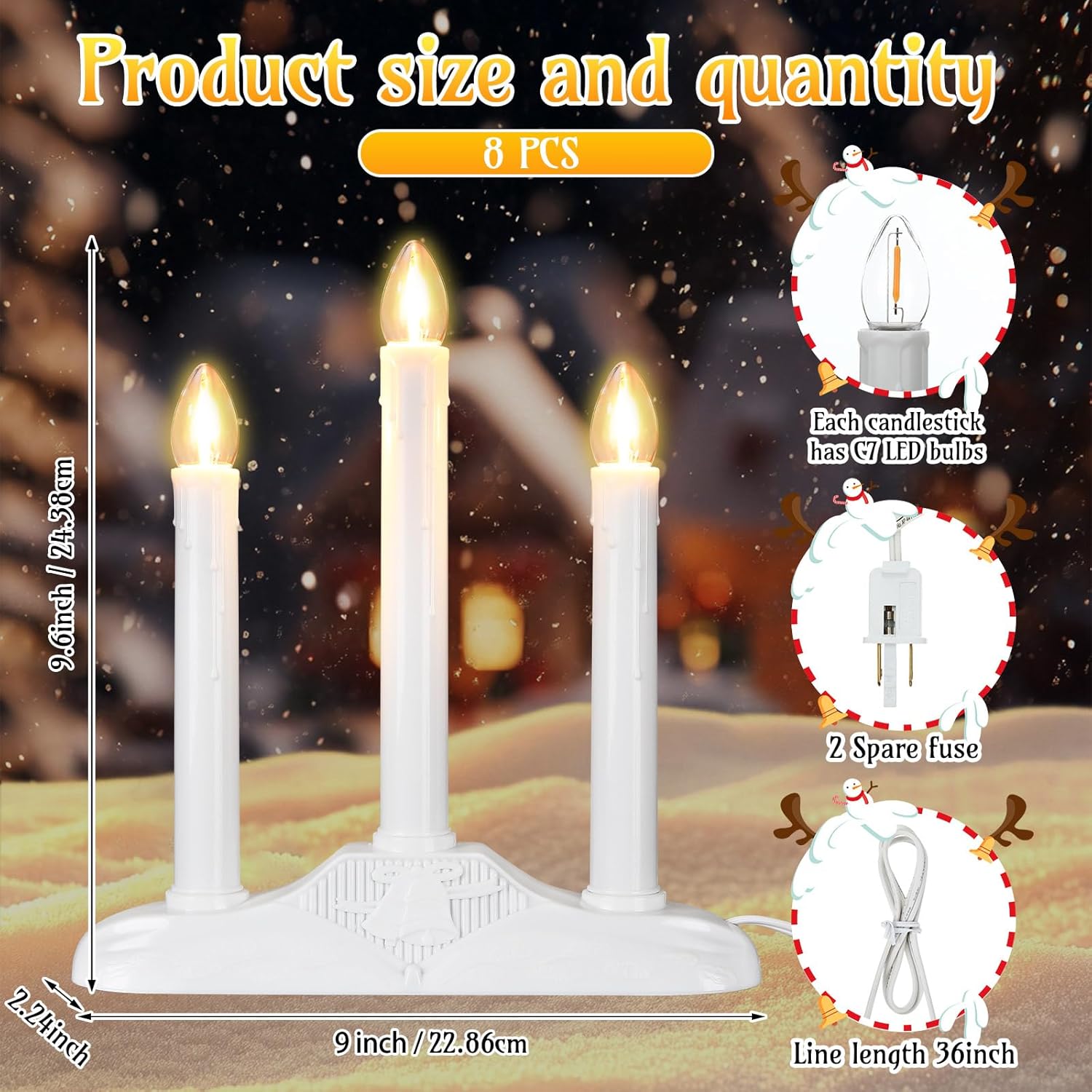 GOOTHY 3 Light Electric Candle Candoliers, Christmas Window Candles Lamps with 4 C7 Clear Bulbs (1 Spare Bulbs), White Bases with 3 Foot Wire, 5W Plug in Candle Lamp, Ready to Use