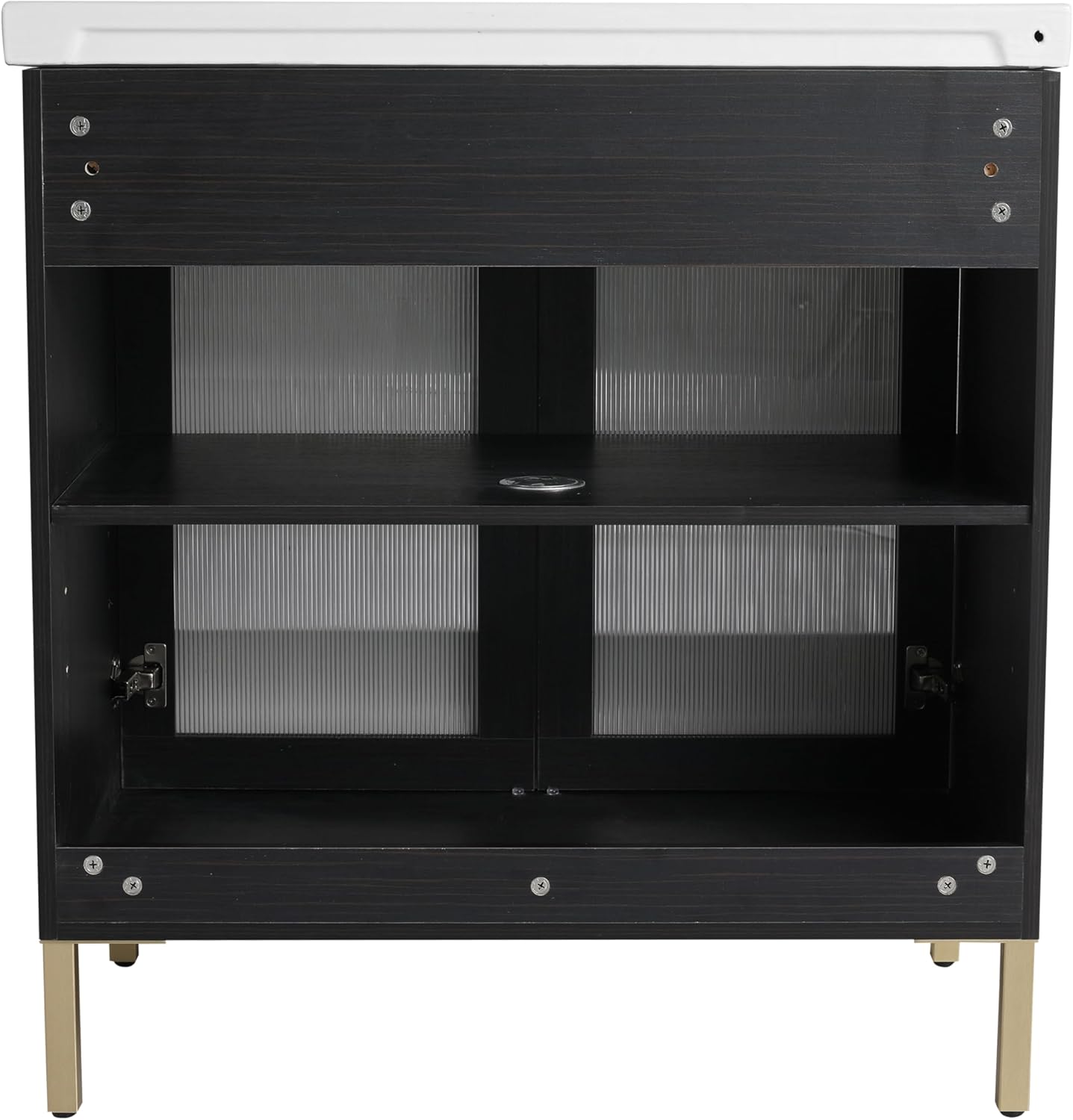 32" Bathroom Vanity with Sink Floor Stand Undermount Bathroom Sink Cabinet with Storage and Translucent Doors Modern Black Gold Vanities for Home Bath