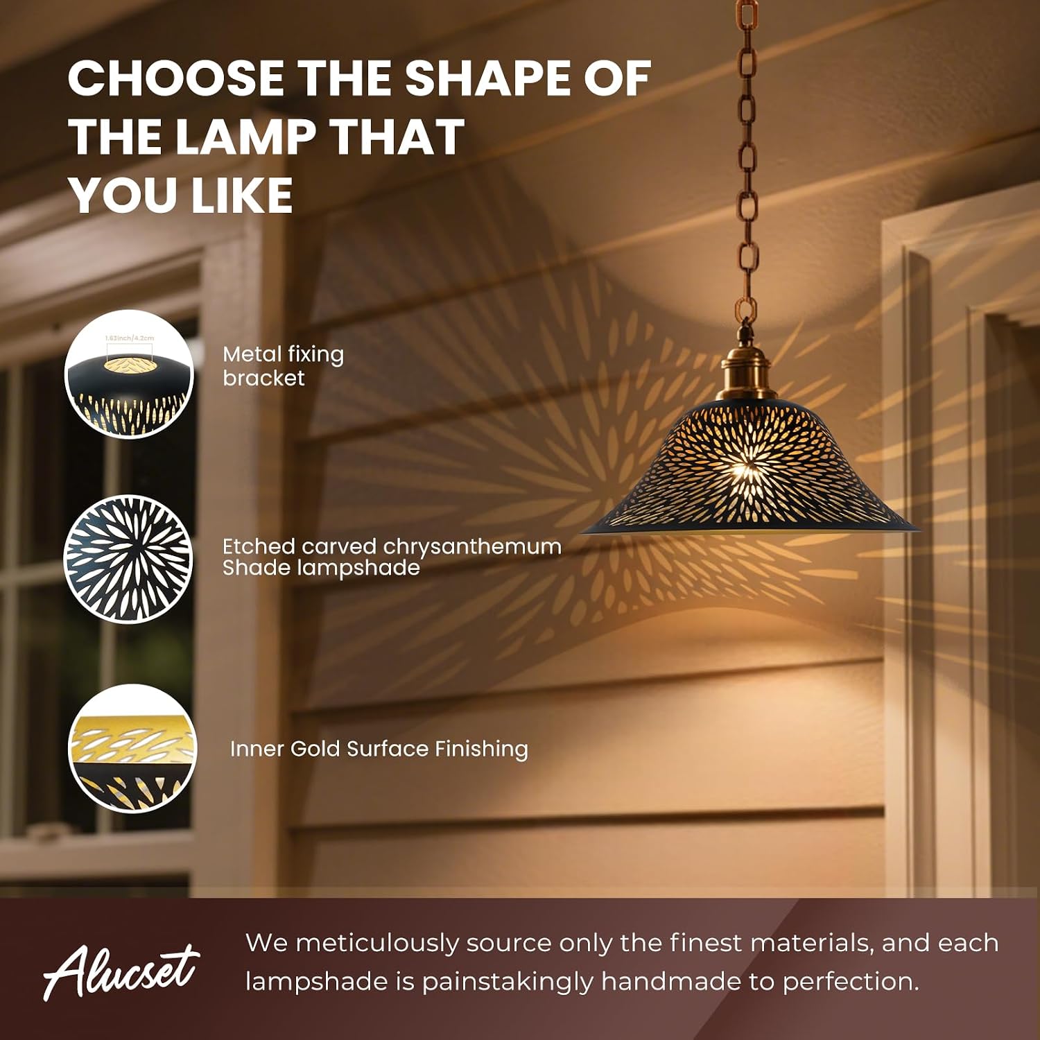 Floor Lamp Shade Replacement for Floor Lamp Shade - ALUCSET 12.2*H4.9" Inches Fitting Opening 1.65" Etching Small Chrysanthemum Metal Lamp Shade Set of 2 (Black Gold)