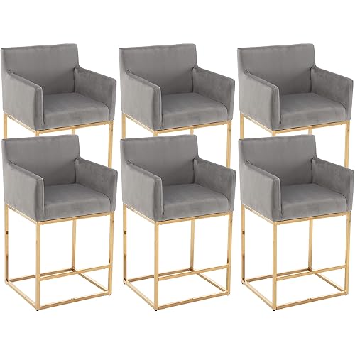 VESCASA Velvet Counter Height Bar Stools with Arms, Upholstered Counter Stools with 12.5" H Padded Back, Modern Island Chairs with Gold Metal Frame for Kitchen Island, Set of 6, Grey