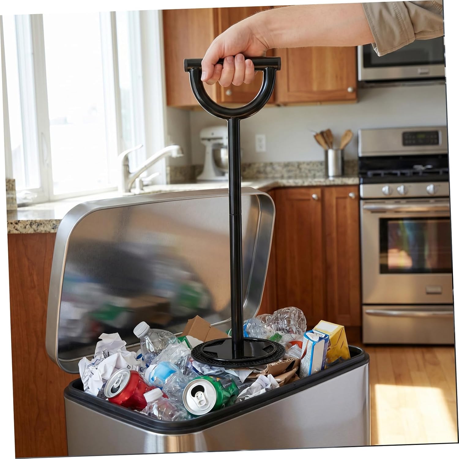 BESPORTBLE Manual Trash Compactor Tool for Efficient Trash Management for Kitchen and Home, Carbon Steel Garbage Press with Ergonomic Handle, Space Saving Waste Compression Tool