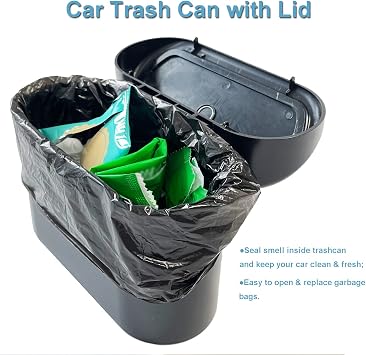 Kitbest Car Bin Mini Trash Can with Lid+ 60 Bags+ 2 Hooks, Auto Accessories