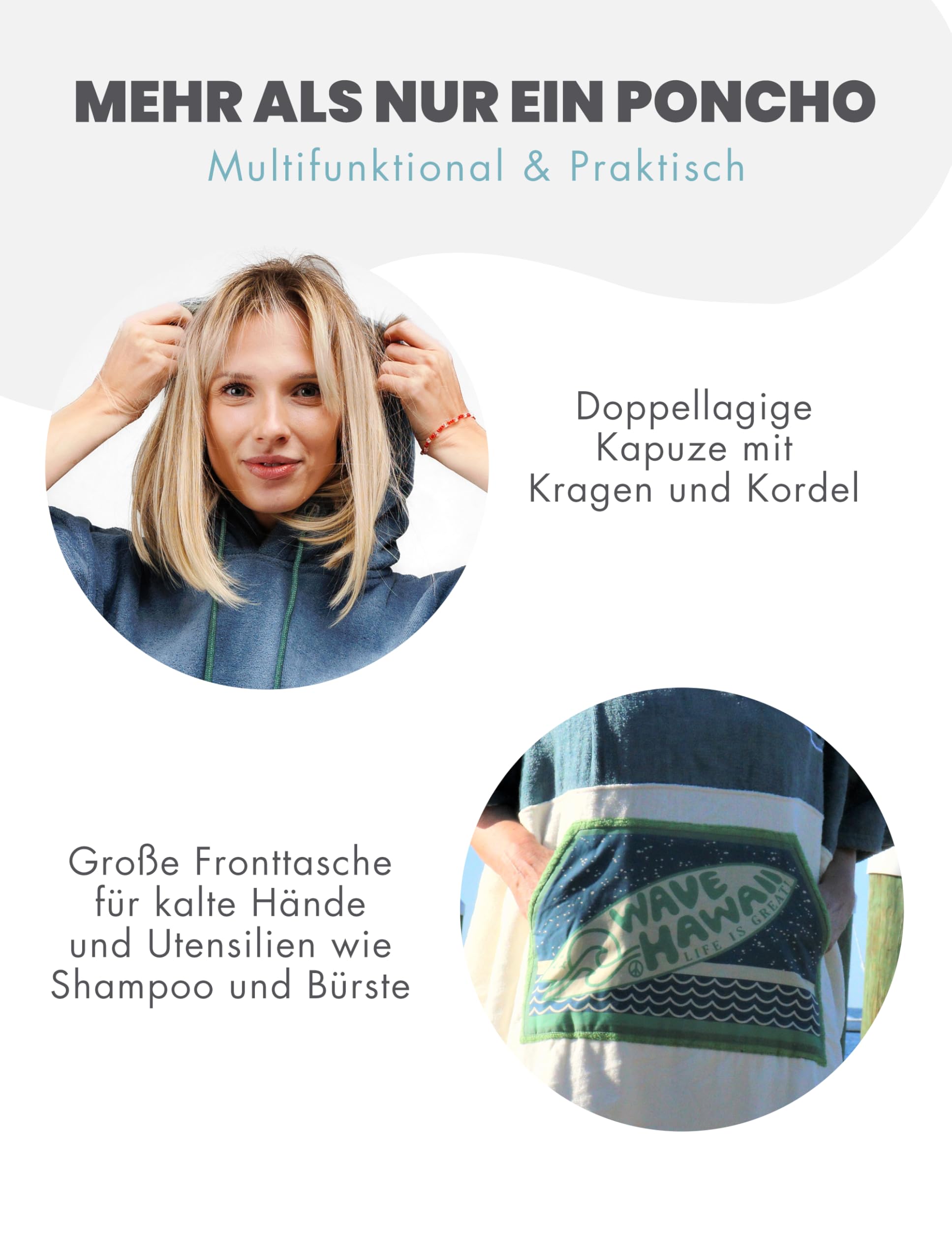 WAVE HAWAII Surfponcho L für Körpergrößen 171-193 cm Poncho 100% ÖKO Baumwolle Velours Umkleidehilfe für Schwimmen Strand Surfen Surf Poncho Badeponcho Duschponcho für Herren und Damen