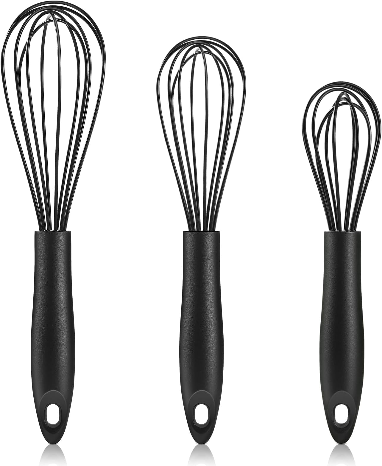 CerpourtSilicone Whisk Set of 3, Heat Resistant Non Scratch Whisks, Stainless Steel & Silicone, Kitchen Whisk for Nonstick Cookware, Black, 8", 10", 12