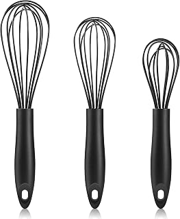 Silicone Whisk,Heat Resistant Non Scratch Whisks Set of 3,Stainless Steel & Silicone Wisk for Cooking,Kitchen Whisk For Nonstick Cookware,Balloon Egg Whisk Perfect for Blending,Beating,Frothing-Black