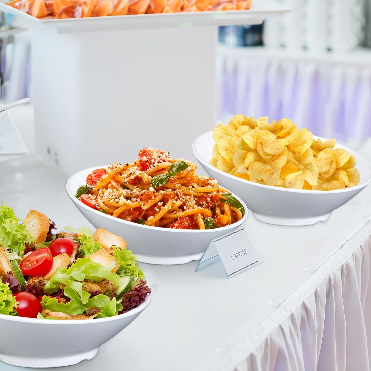 Sawysine 4 Pack 36 oz Melamine Angled Serving Bowls 10 Inch Slanted Salad Bowls White Melamine Bowl for Fruit Snacks Chip Candy Pasta Cereal Soup Prep Restaurant Holiday Wedding Party