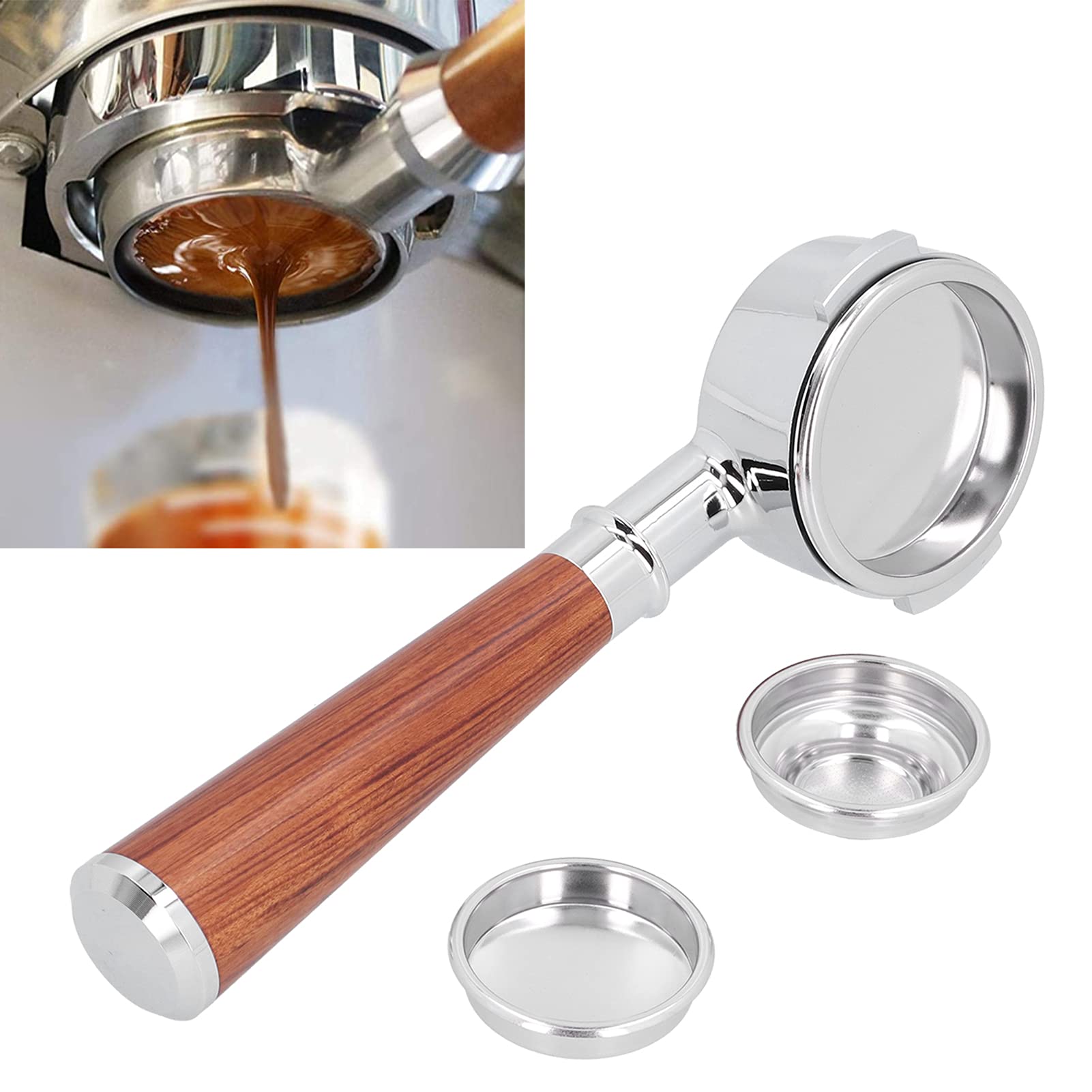Yctze 58 Mm Bodenloser Portafilter mit Holzgriff für Espressomaschinen - Essentielles Kaffeezubehör für Hausbaristas (E61 -Legierung - ein rotes Rosenholz im Stil)