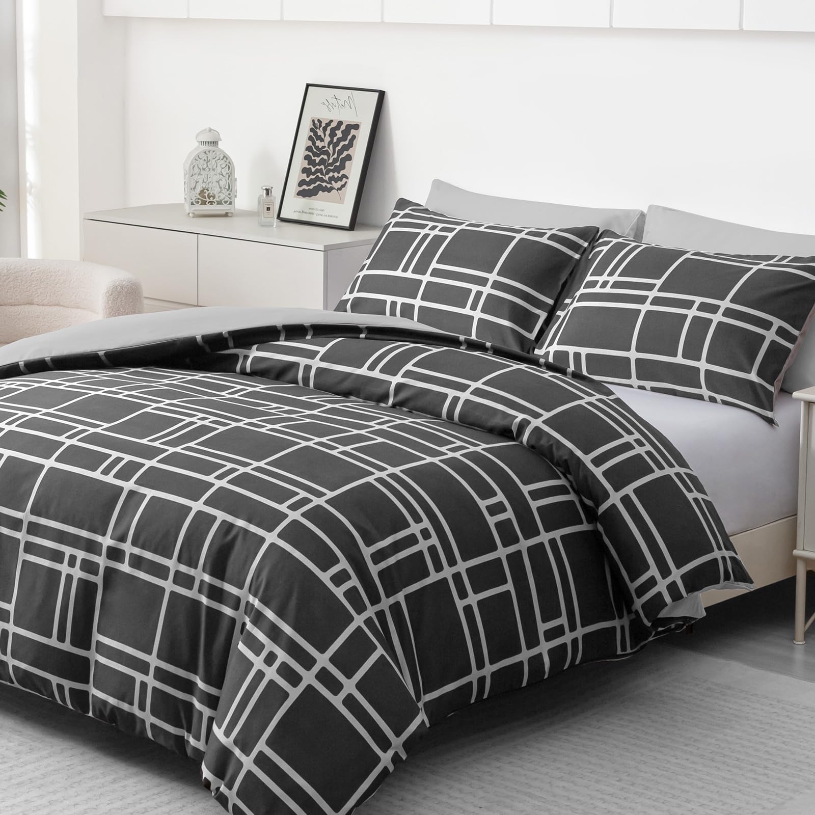 Pamposh Charcoal Double Duvet Set - Premium Brushed Microfiber Reversible Double Duvet Cover - Hypoallergenic Bedding Sets 3 Pcs - Ultrasoft Quilt Cover Set With Zipper Closure