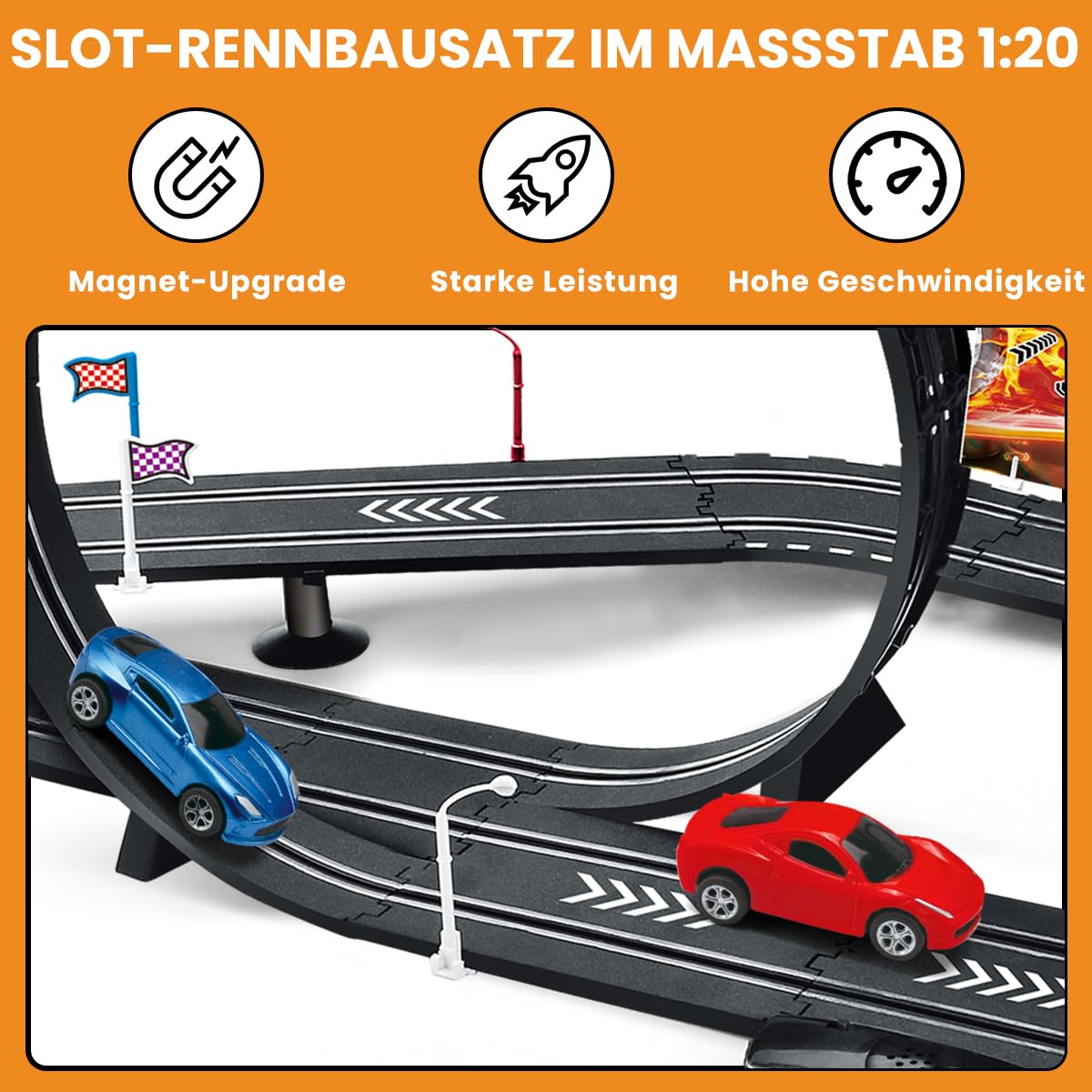 SlotCar-Rennbahn-Sets mit 4 Hochgeschwindigkeits-Slot-Cars, 2 Elektrische Controller Kreisförmige Überbrückungsbahn, Geschenk-Spielzeug für Jungen und Mädchen im Alter von 6-12