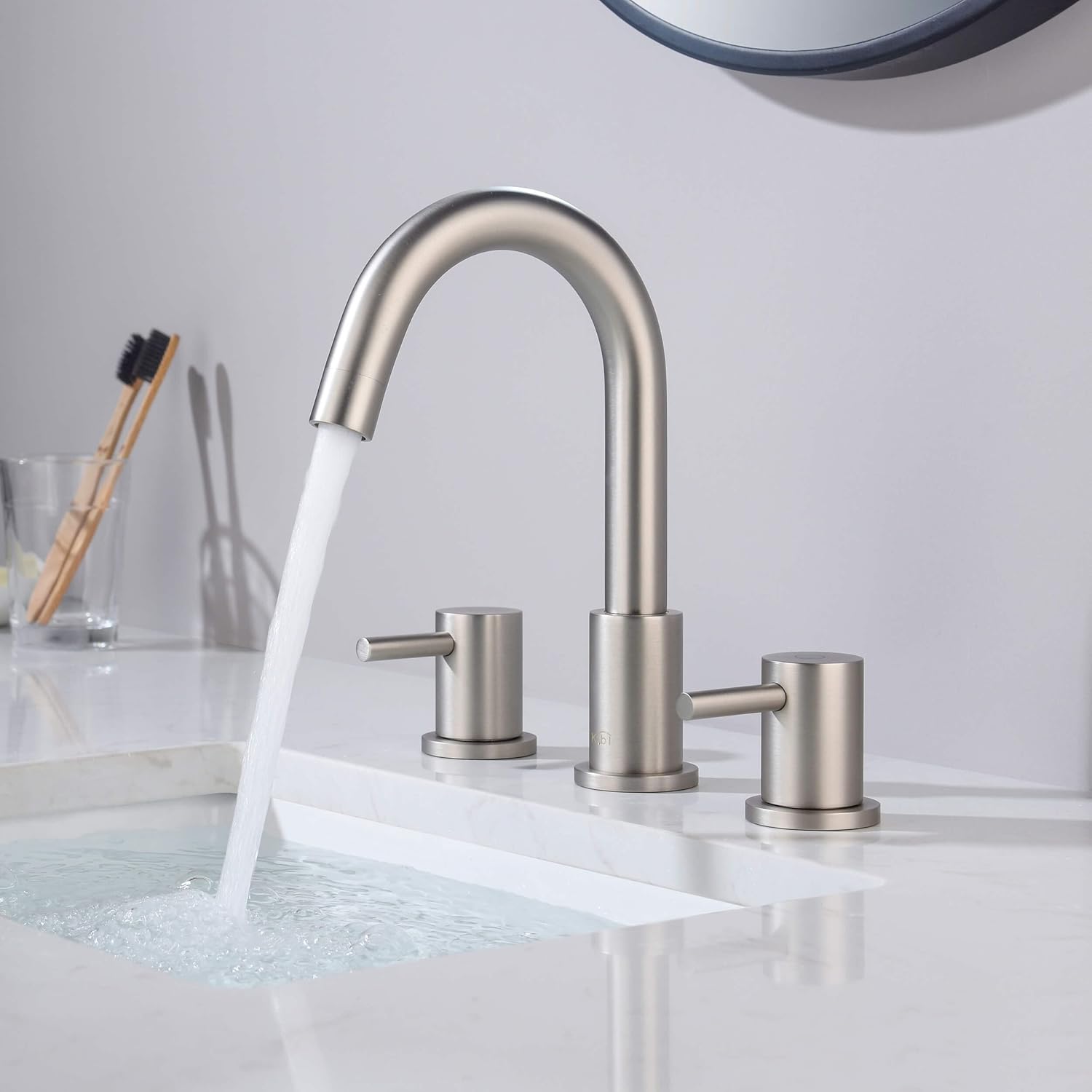 KIBI Circular 2-Handle Widespread Bathroom Sink Faucet | 8 Inch Solid Brass 3 Hole Faucet with Pop Up Drain | Durable and Leak-Proof Design | Brushed Nickel Finish (KBF1016)