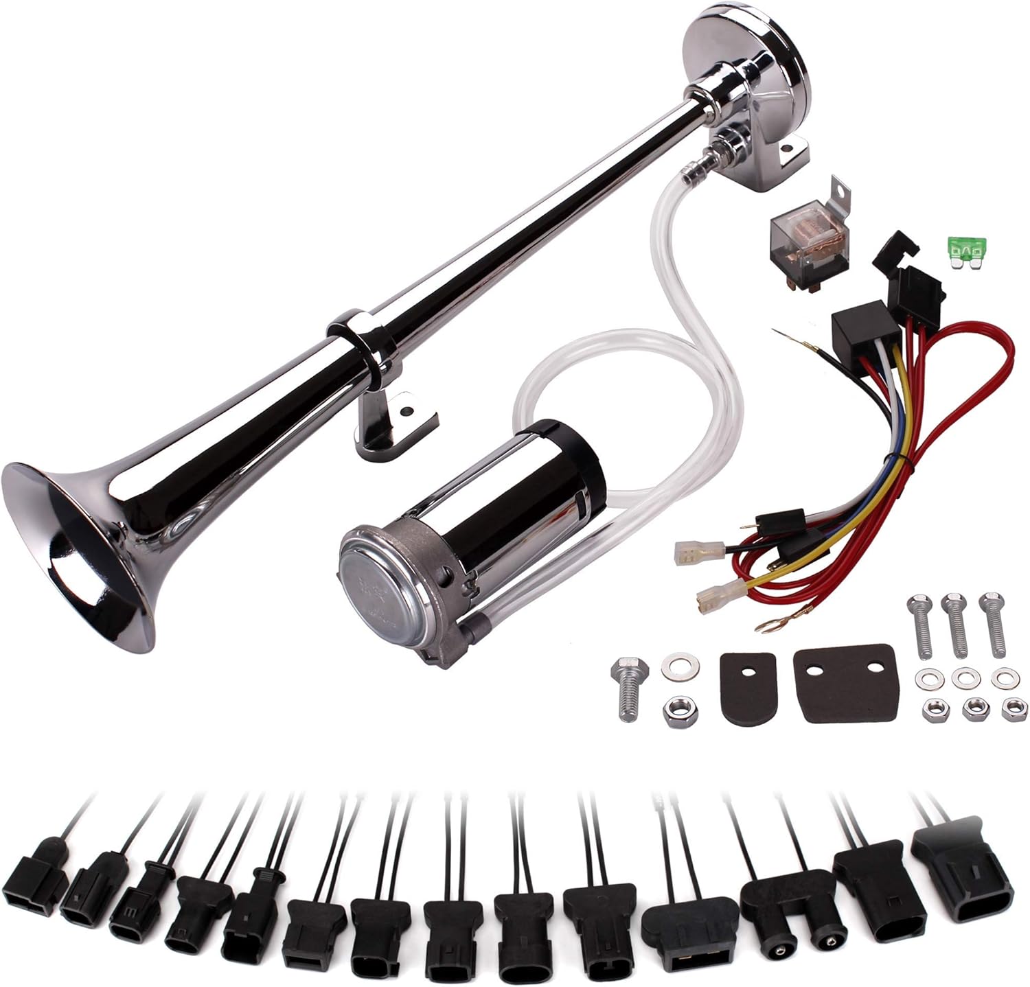 FARBIN 12V 150db Air Horn kit, Super Loud 18 Inches Chrome Zinc Single Trumpet Truck Air Horn with Compressor and Wire harness for Old BMW series (12V, Single air horn)