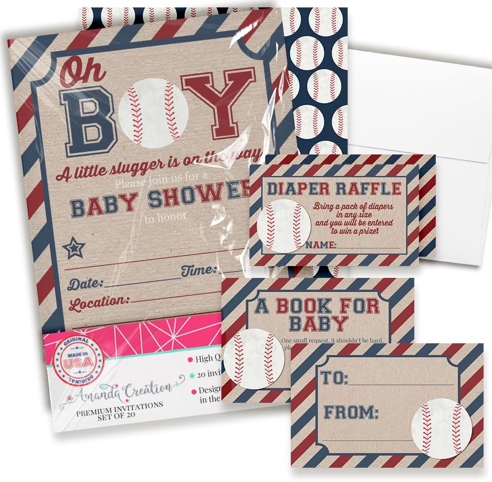 Amanda Creation Baby Shower Invites for Boys – Baseball Baby Shower Invitation Bundle with Diaper Raffle Tickets, Book Request Cards & Envelopes. Set of 20 5X7 Our Little Slugger Invitation Kit Sets