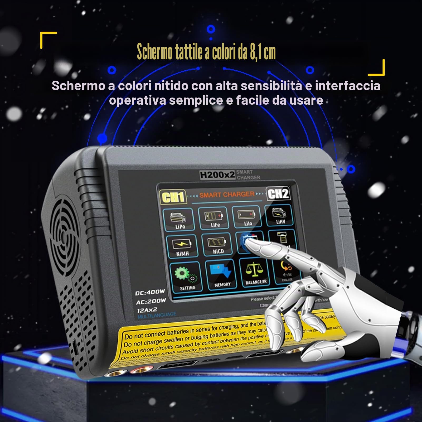 Caricabatterie lipo T400 AC200W/DC400W 12A,lipo caricatore bilanciato doppio scarico 3,2 pollici a colori touch screen scaricatore per LiPo/Lilon/LiFe/NiMH/NiCd/PB/NiMH