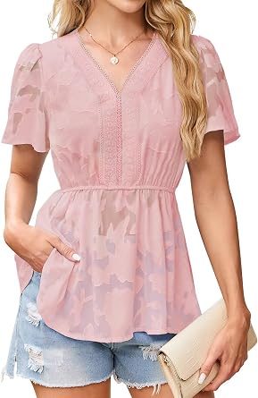Falechay Womens Tops Short Sleeve Lace V Neck Blouses Babydoll Flowy Casual Empire Shirts Boho Peplum Chiffon Tunics