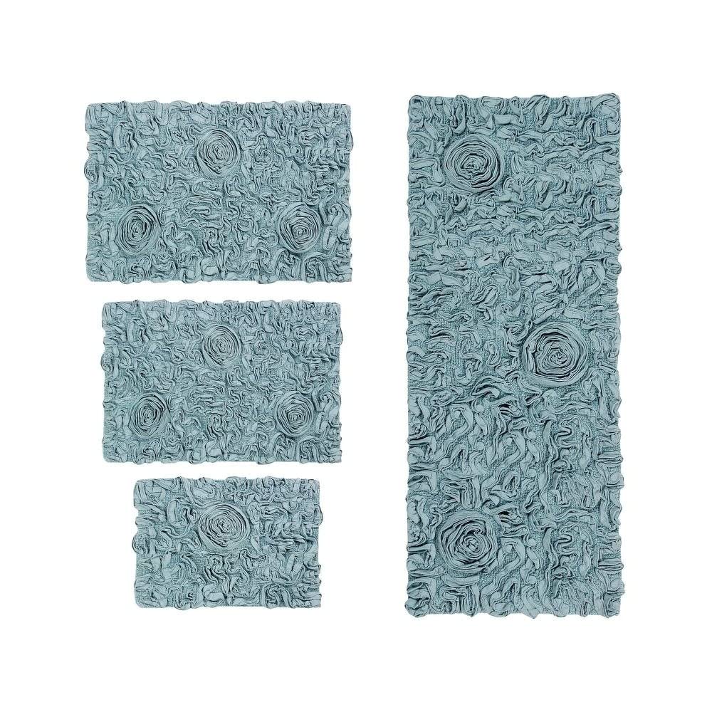Hand Tufted Sea Blue Bathroom Rugs Set 4 Piece with Pretty Rose Designs On Bold Solid Colour Background