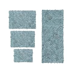 Hand Tufted Sea Blue Bathroom Rugs Set 4 Piece with Pretty Rose Designs On Bold Solid Colour Background
