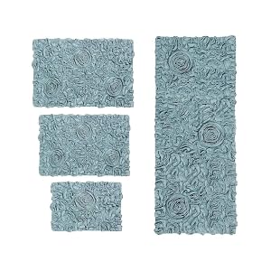 Hand Tufted Sea Blue Bathroom Rugs Set 4 Piece with Pretty Rose Designs On Bold Solid Colour Background