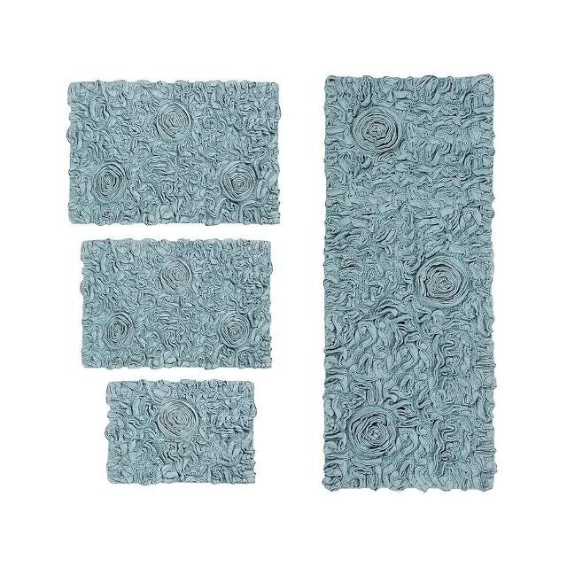 Hand Tufted Sea Blue Bathroom Rugs Set 4 Piece with Pretty Rose Designs On Bold Solid Colour Background