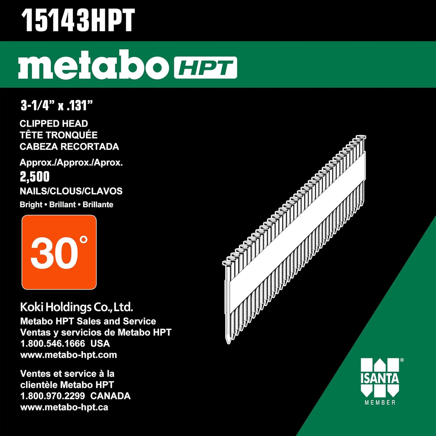 Metabo HPT 15143HPT Hot Dipped Galvanized Clipped Head Paper Tape Framing Nails 3-1/4" x .131 Rg | 2500 Count