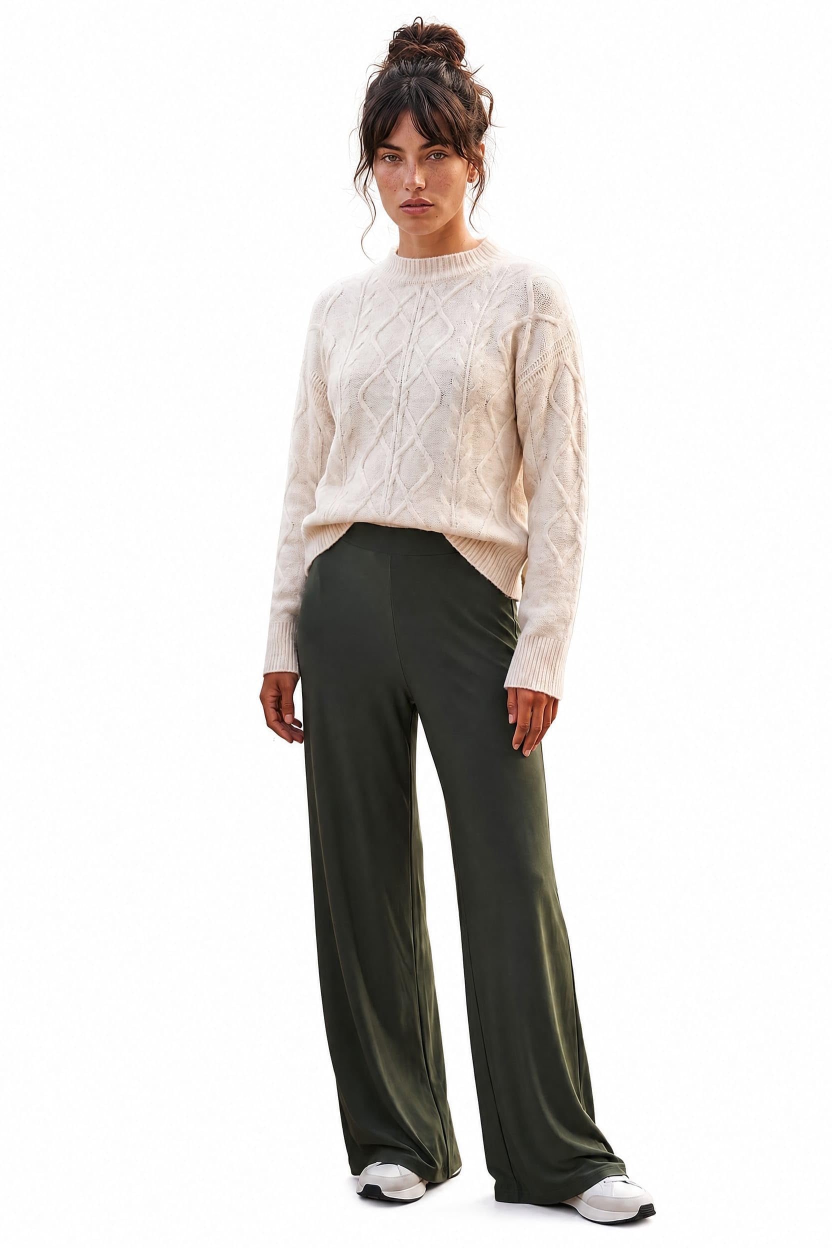 Roman Wide Leg Trousers for Women UK Ladies Palazzo Pants Evening Jersey Elasticated High Waist Smart Flared Culotte Office Work Going Out Loose Crepe Bottoms - Khaki - Size 14
