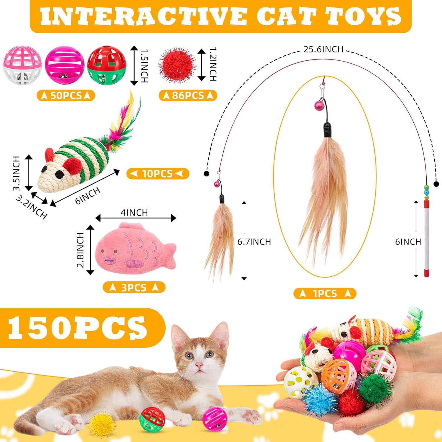 150 Pcs Cat Toys for Indoor Cats Bulk Kitten Toy Variety Pack Including Cat Interactive Plastic Balls with Ball Rattle Mouse Kitten Wand Pompom Balls Gift for Shelter Stray Cats
