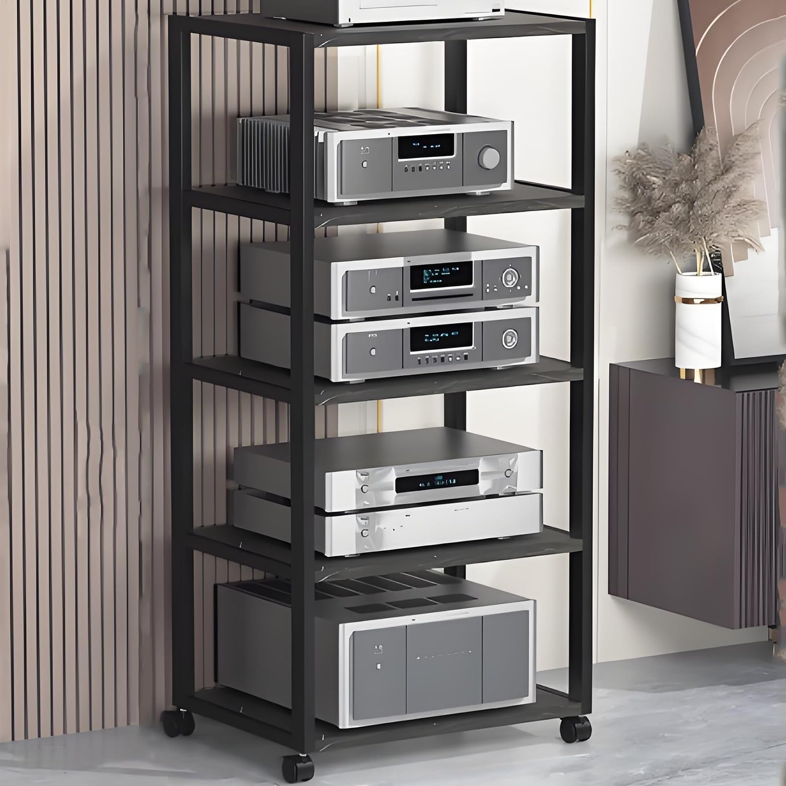Support Multimédia AV et Meuble Stéréo Noir | Meuble Rack Audio à 4 Niveaux