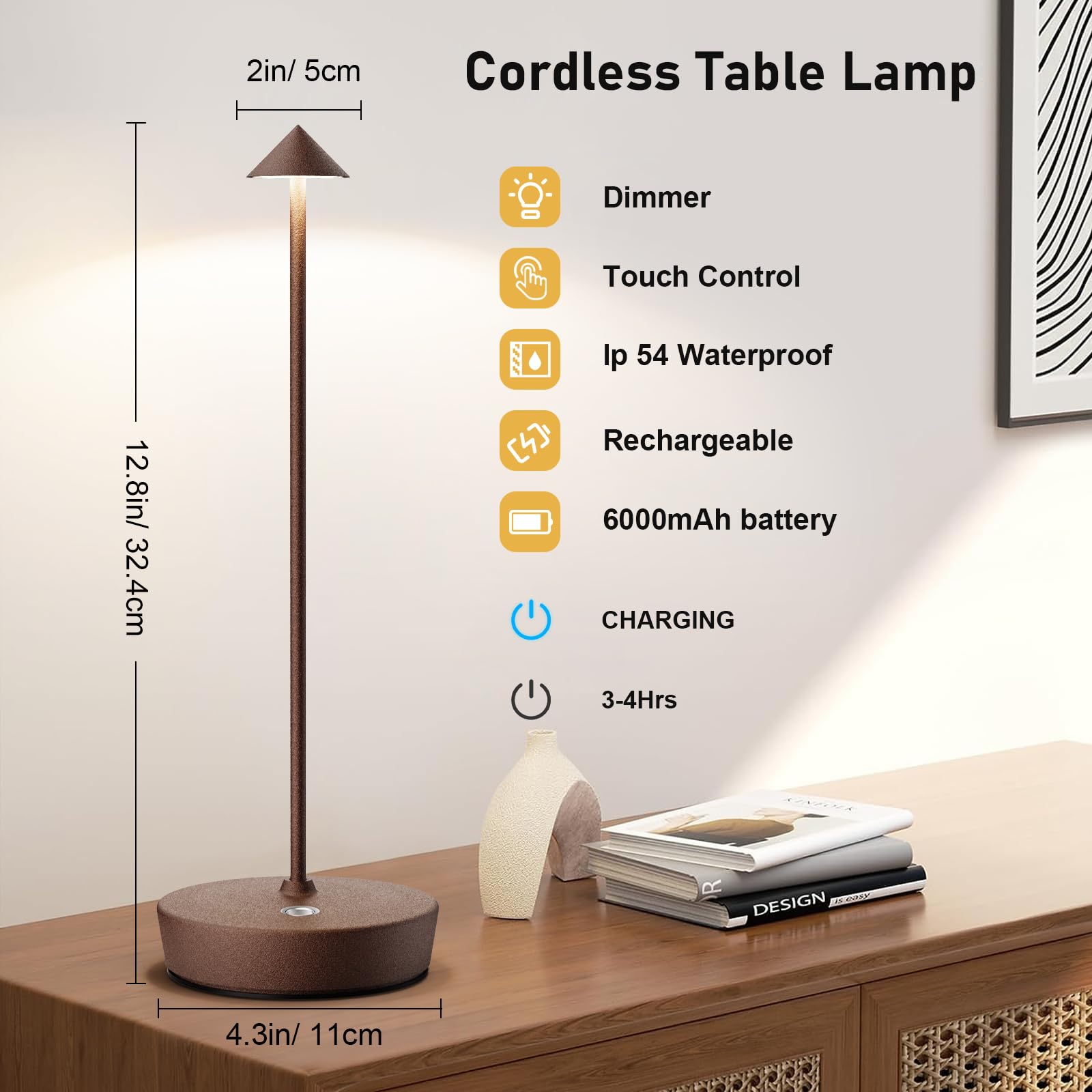 Lot de 2 lampes de table LED sans fil rechargeables à piles Rouille