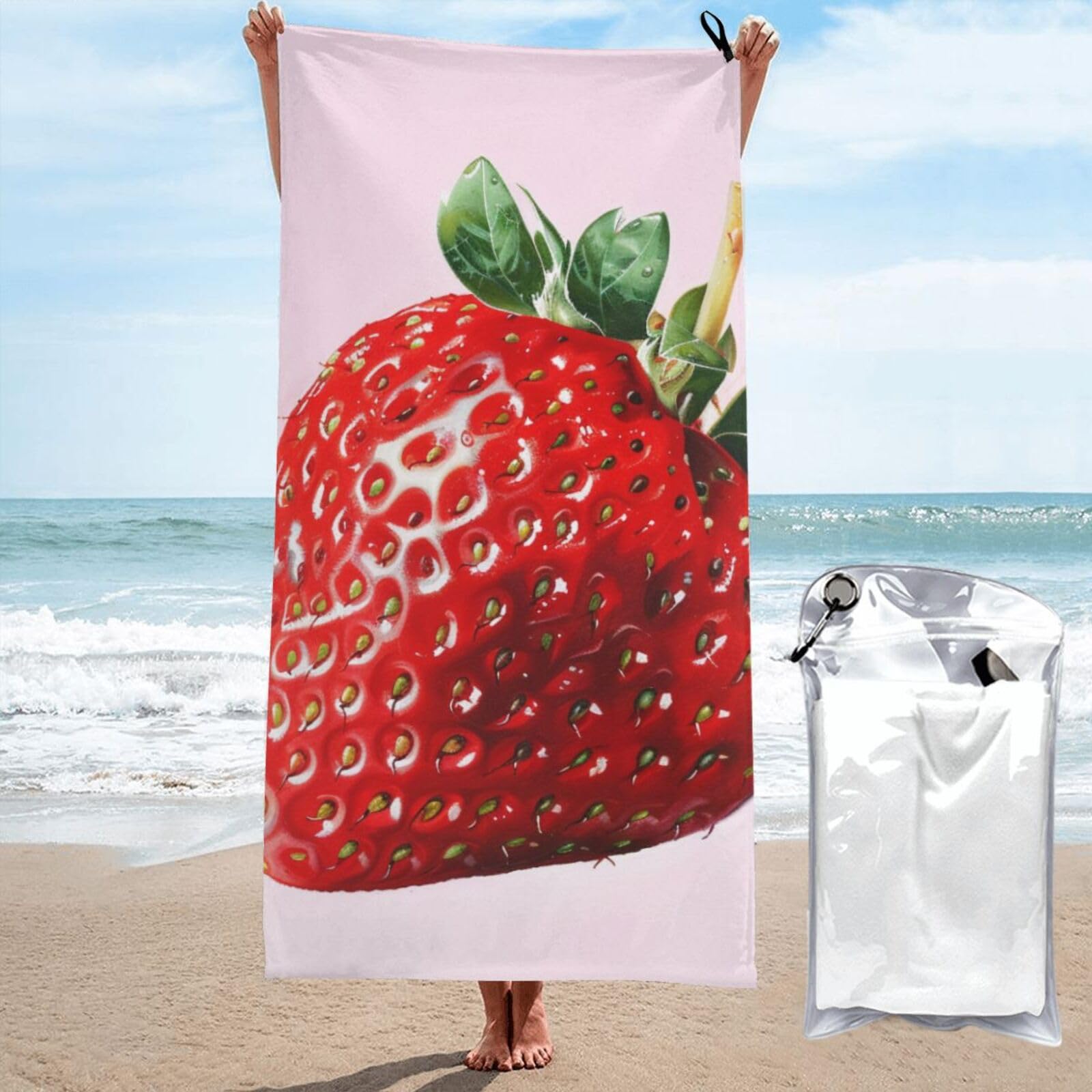 kkvhhyuo Microfiber Beach Towel, Strawberry Printed Lightweight Quick Dry Travel Bath Sheet with Compact Carry Bag for Swimming Yoga Camping Gym,27.5"x55"
