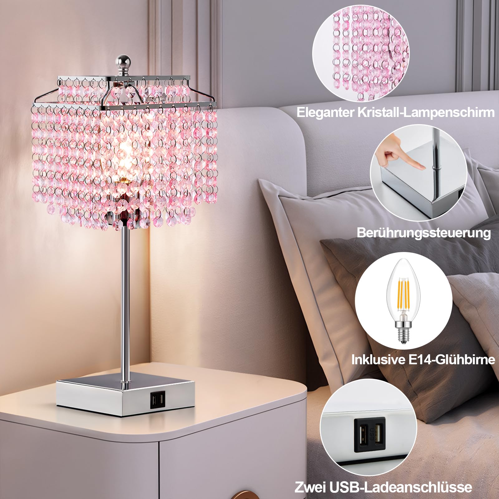 GyroVu Kristall Tischlampe, Rosa Dimmbare Touch Nachttischlampe mit Ladefunktion USB A+C-Anschlüssen Steckdosen, Kleine KristallLampe für Wohnzimmer Schlafzimmer Mädchenzimmer (Inklusive Glühbirne)