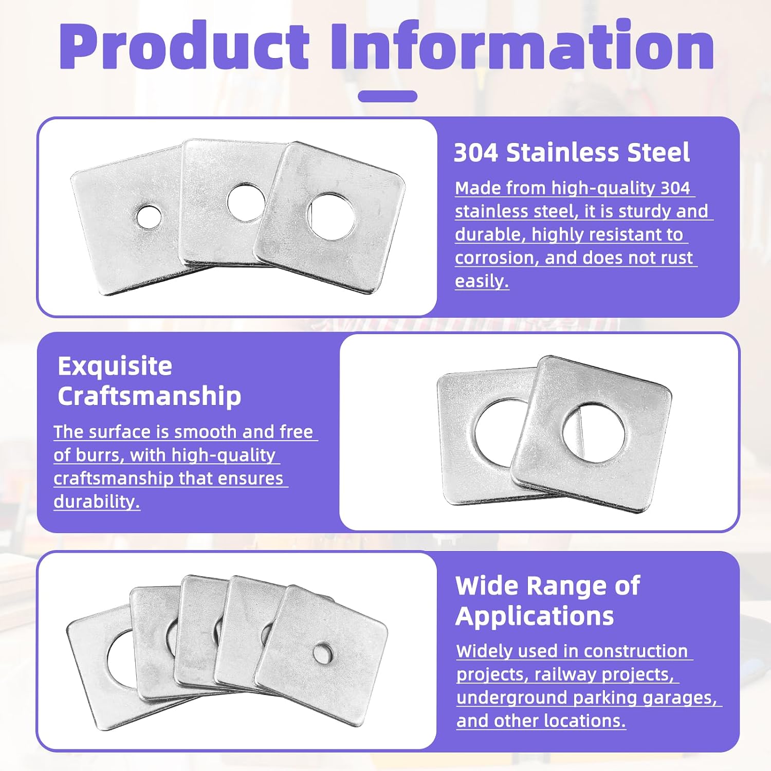 30 Pack Square Plate Washers 5/32" Thick | 1-3/16" x 1-3/16" | 15/64 to 5/8