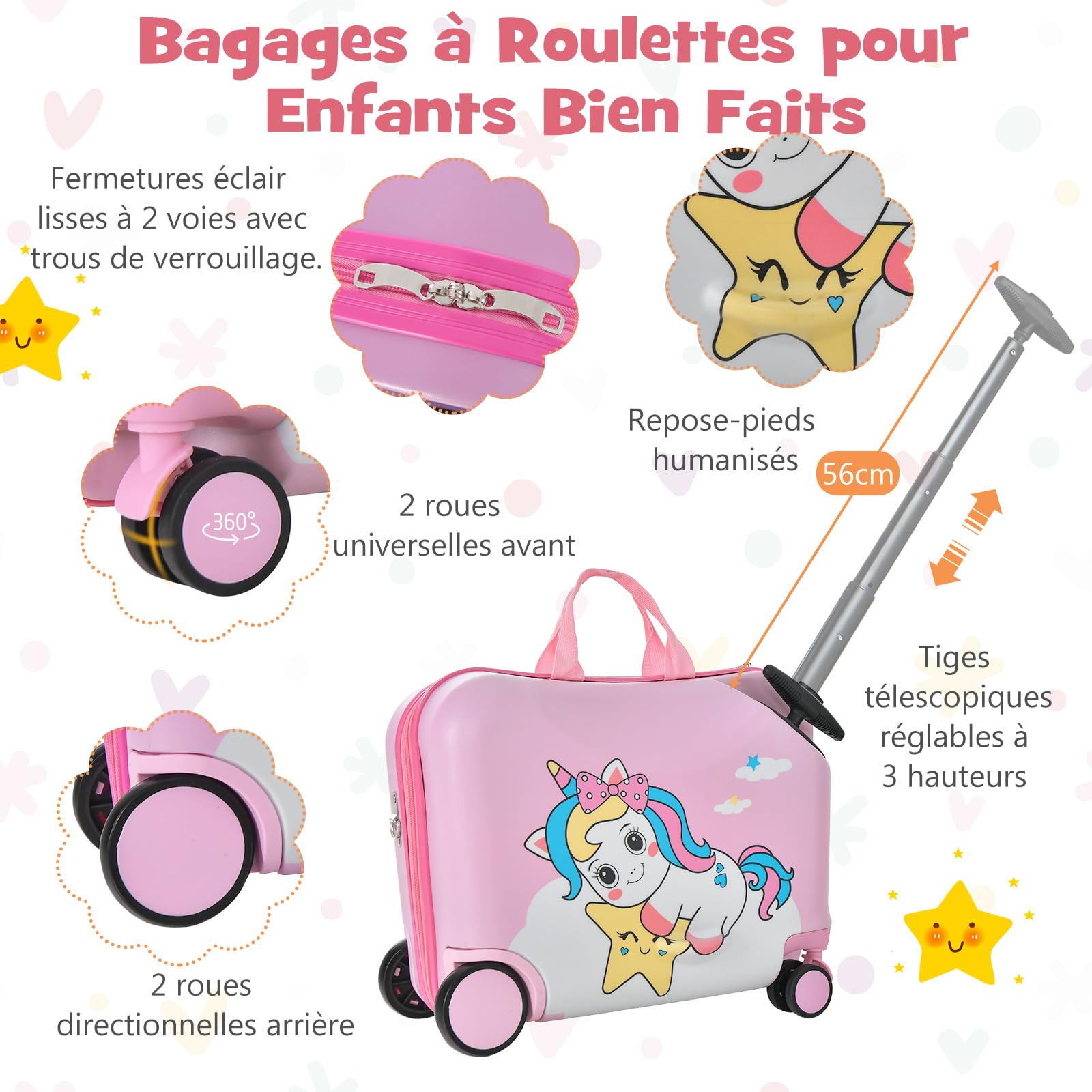 GOPLUS Valise Enfant Fille Garçon, Valise Enfant à roulettes 18" & Sac à Dos 12", Bagage Voyage Enfant d'Assise avec Repose-Pieds, Surface Étanche, Poignée Réglable, Motif Licorne Rose, Charge 50/8KG