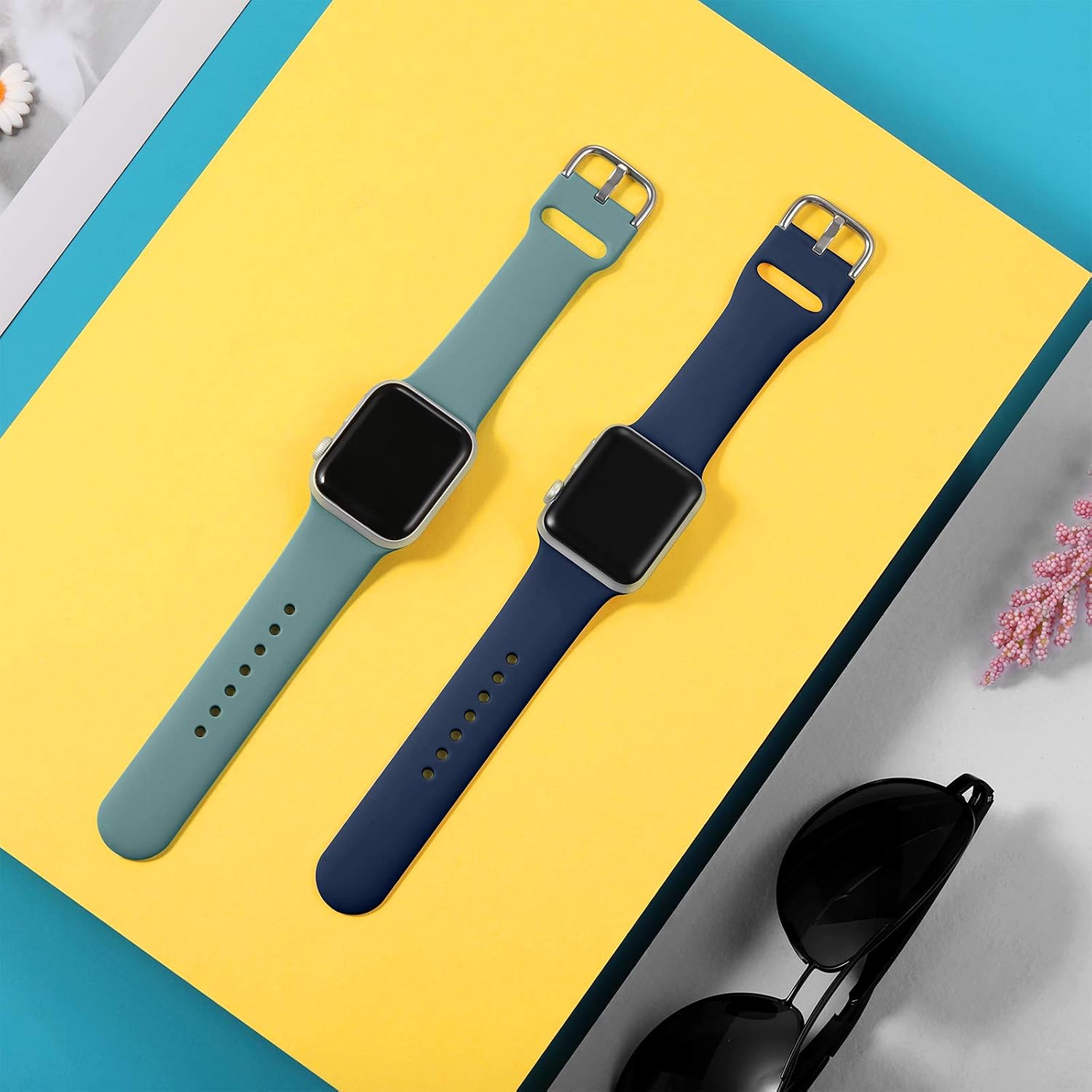 Dirrelo Compatible for Apple Watch Bands Strap 40mm 38mm Series SE 6 5 4 3 2 1, Thin Silicone Replacement Sport Wrist Band for iwatch Band Women Men, Large Pine Green & Dark Blue 2-Pack