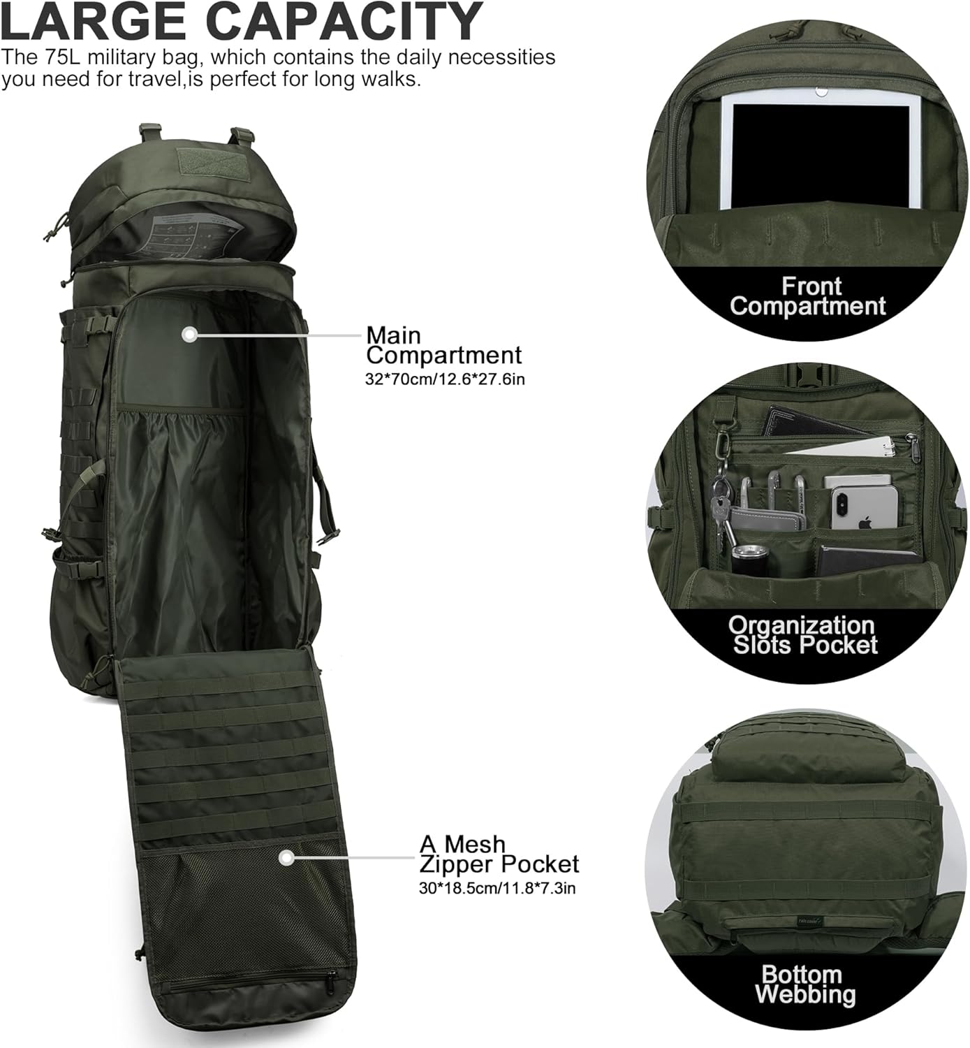 Mardingtop 75L Molle Hiking Internal Frame Backpacks with Rain Cover for Camping,Backpacking,Travelling(Ranger Green)