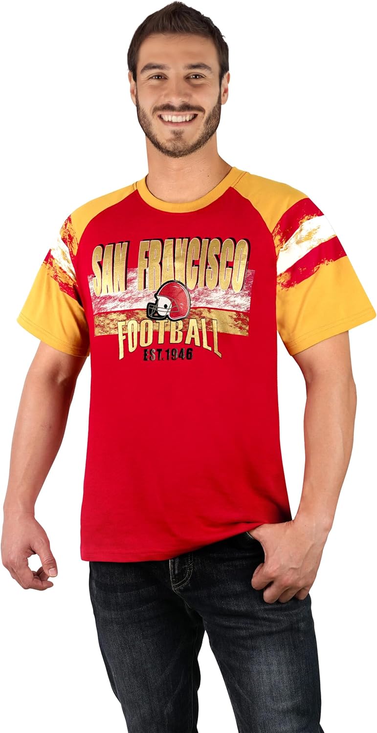 Mens City Football Fans Athletic Arm Stripe Tee Raglan Tee T-Shirts - Golden Yellow & Red - Image 4