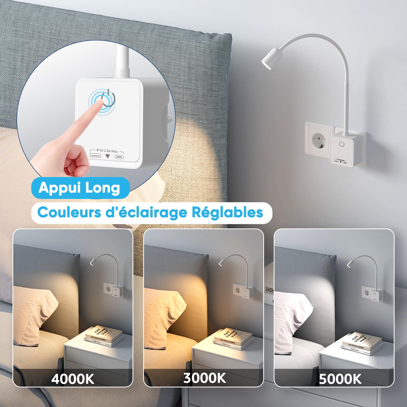 Lampes Appliques Murales, 2 Pack Blanc Lampes Lecture de Chevet Spot LED Dimmable avec Prise et Charge de Sortie USB pour Chambre, 3 Températures de Couleur, Angle Eclairage de 50°