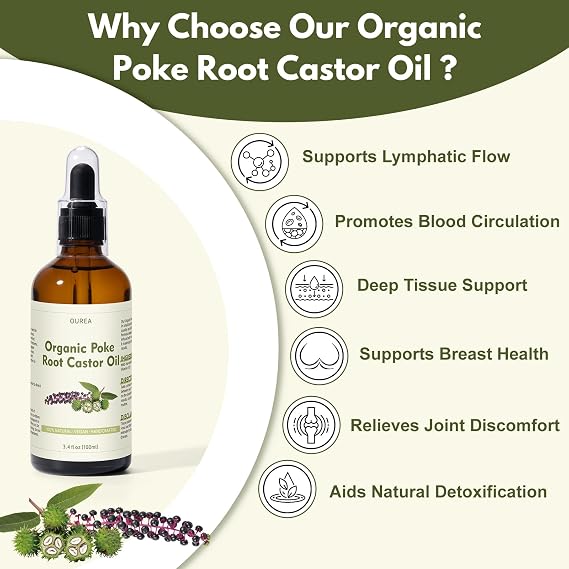 Organic Poke Root Castor Oil 3.4 Fl Oz Natural Lymphatic Support Massage Oil, Soothing Relief for Cysts, Boils, Breast, Fibroids, Swollen Lymph Nodes & Joint Deep Tissue Drops
