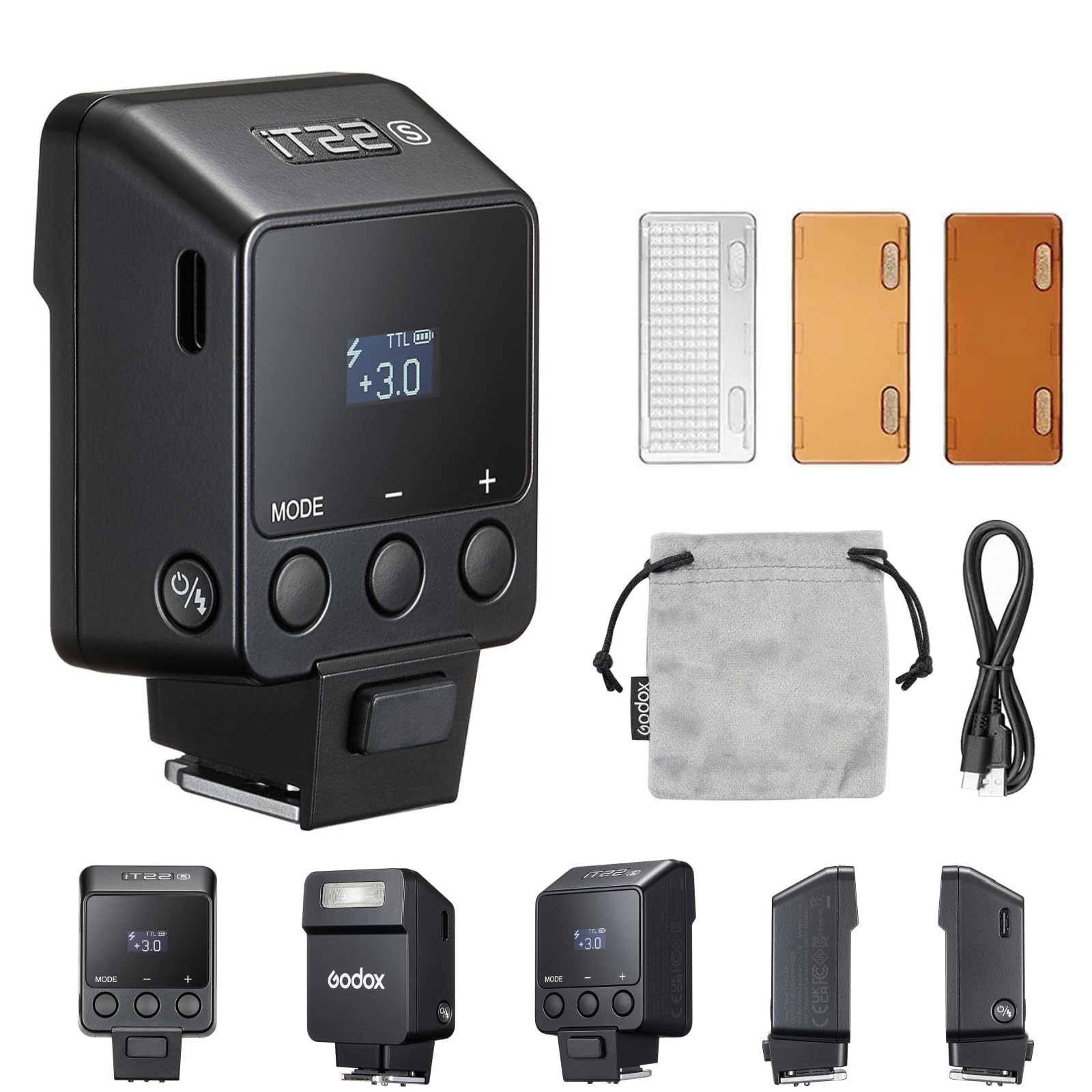Godox iT22S Flash TTL per fotocamere Sony, 1/8000 s HSS, 700 flash a piena potenza, tempo di ricarica di 1,5 s, flash Speedlite con diffusori magnetici e filtri colorati (nero)