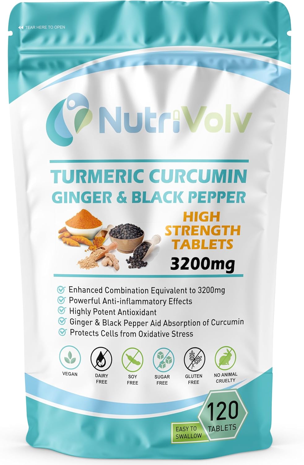 Nutrivolv Turmeric Curcumin 3200mg with Ginger & Black Pepper for Enhanced Absorption | High Strength | Organic | Vegan 120 Tablets | Joint Support, Inflammation & Pain Relief