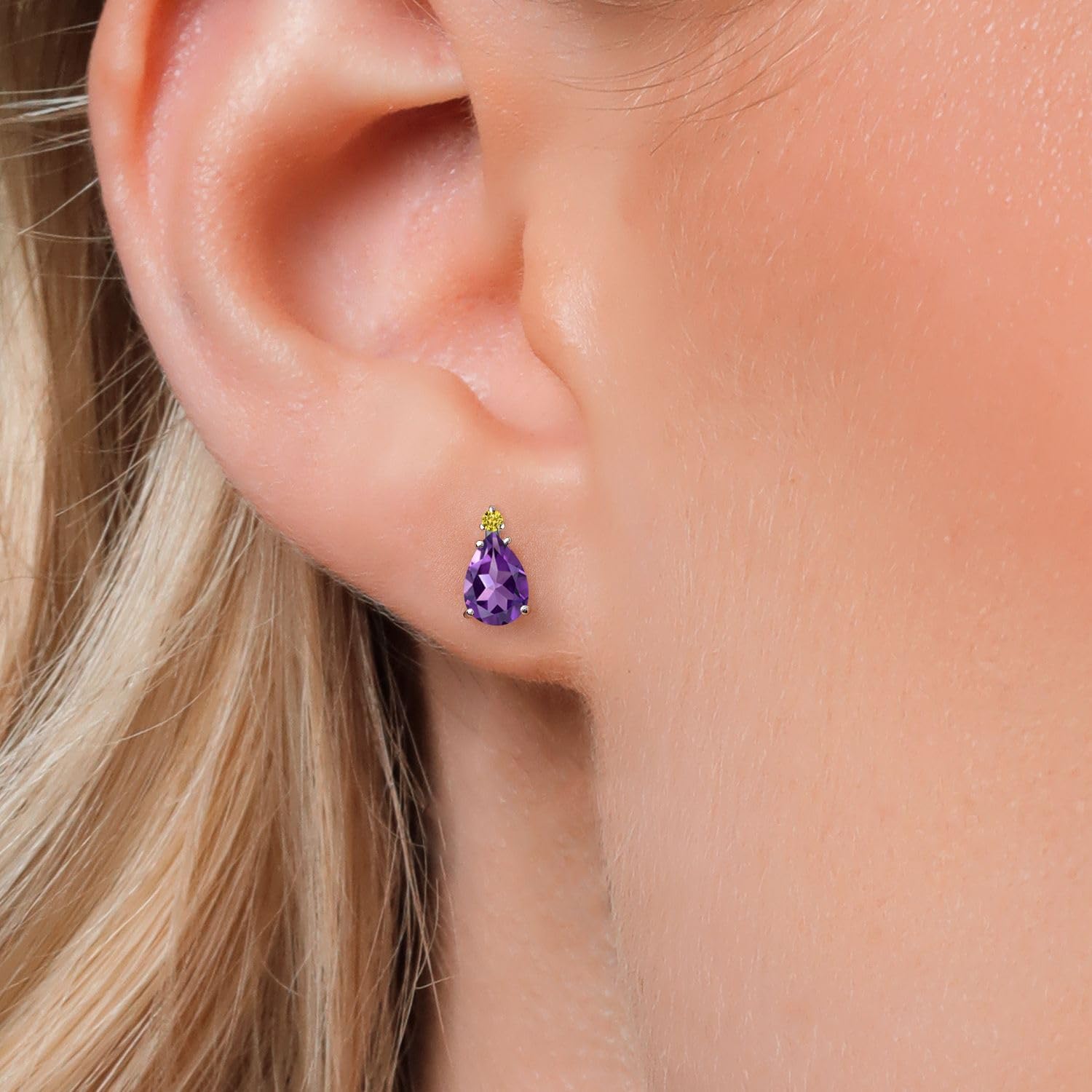 Gem Stone King 14K White Gold Purple Amethyst and Canary Lab Grown Diamond Stud Earrings for Women | 1.60 Cttw | Gemstone February Birthstone | Pear Shape 8X5MM - Image 3