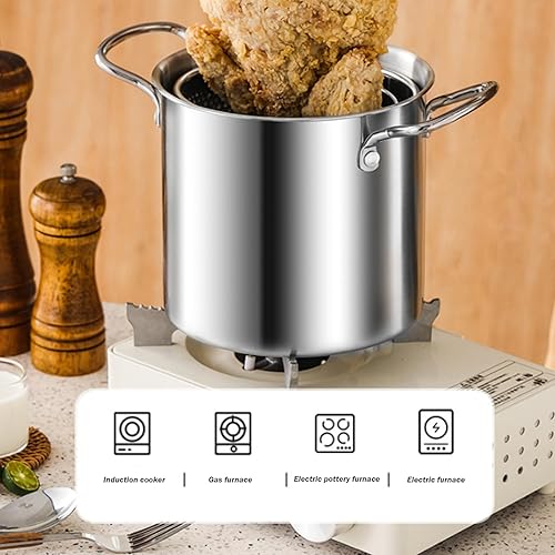 Miniatura 2 de Olla para freír con cesta, olla de 3.5 litros de acero inoxidable pequeña freidora profunda con mango antiquemaduras olla de pescado y cesta