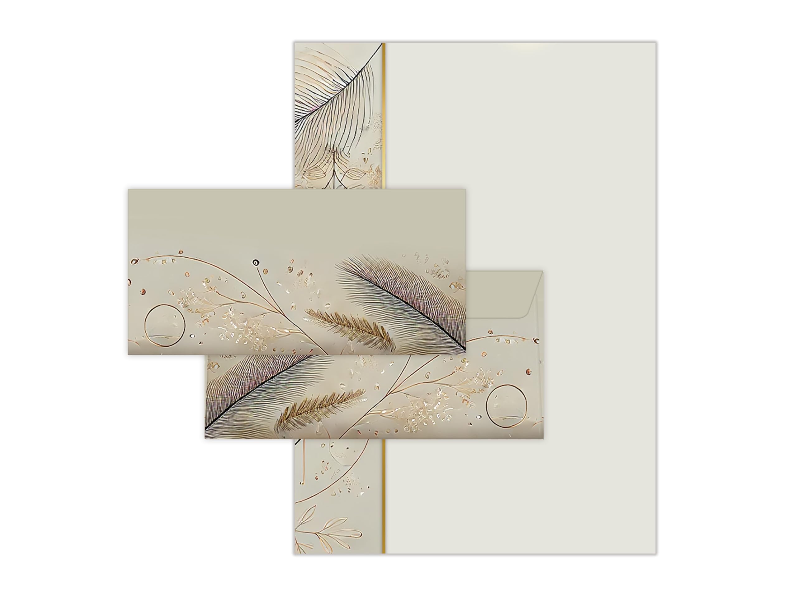 Briefpapier-Set 250 Druckerpapier DIN A4 + 250 Kuverts DIN-lang haftklebend Naturfarben Elegante Federn - Naturskizzen beidseitig bedruckbar für Geburtstag Jubiläum Hochzeit Menükarte