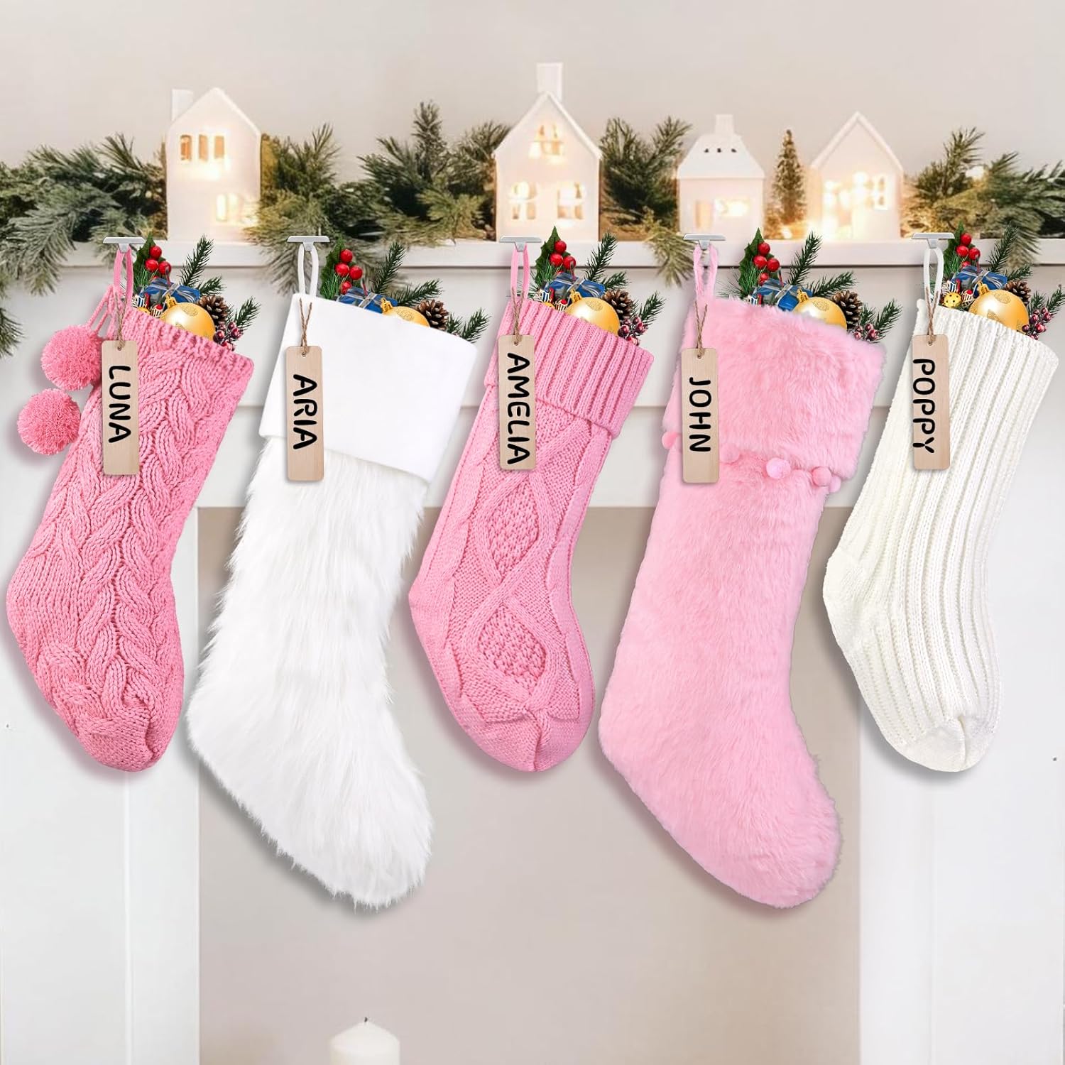 5 Packs Christmas Knitted Hanging Stockings,Xmas Large Farmhouse Rustic Neutral Cable Knit Personal Stockings Decorations for Christmas Tree Fireplace Family Holiday Party Decor(18in 15in)