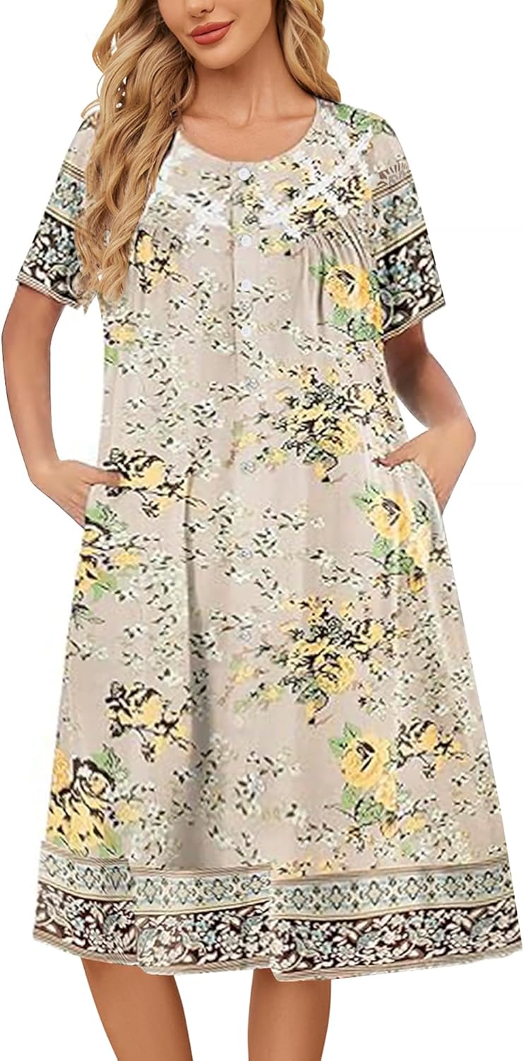 House Dresses for Women Floral Print Nightgowns Short Sleeve Lounge Moo Moo Dresses Sleepwears with Pockets