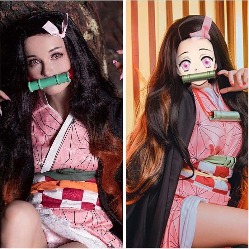 GADKUT Nezuko Kamado Cosplay Paróka - Fekete Narancssárga Ombre Hullám Jelmez
