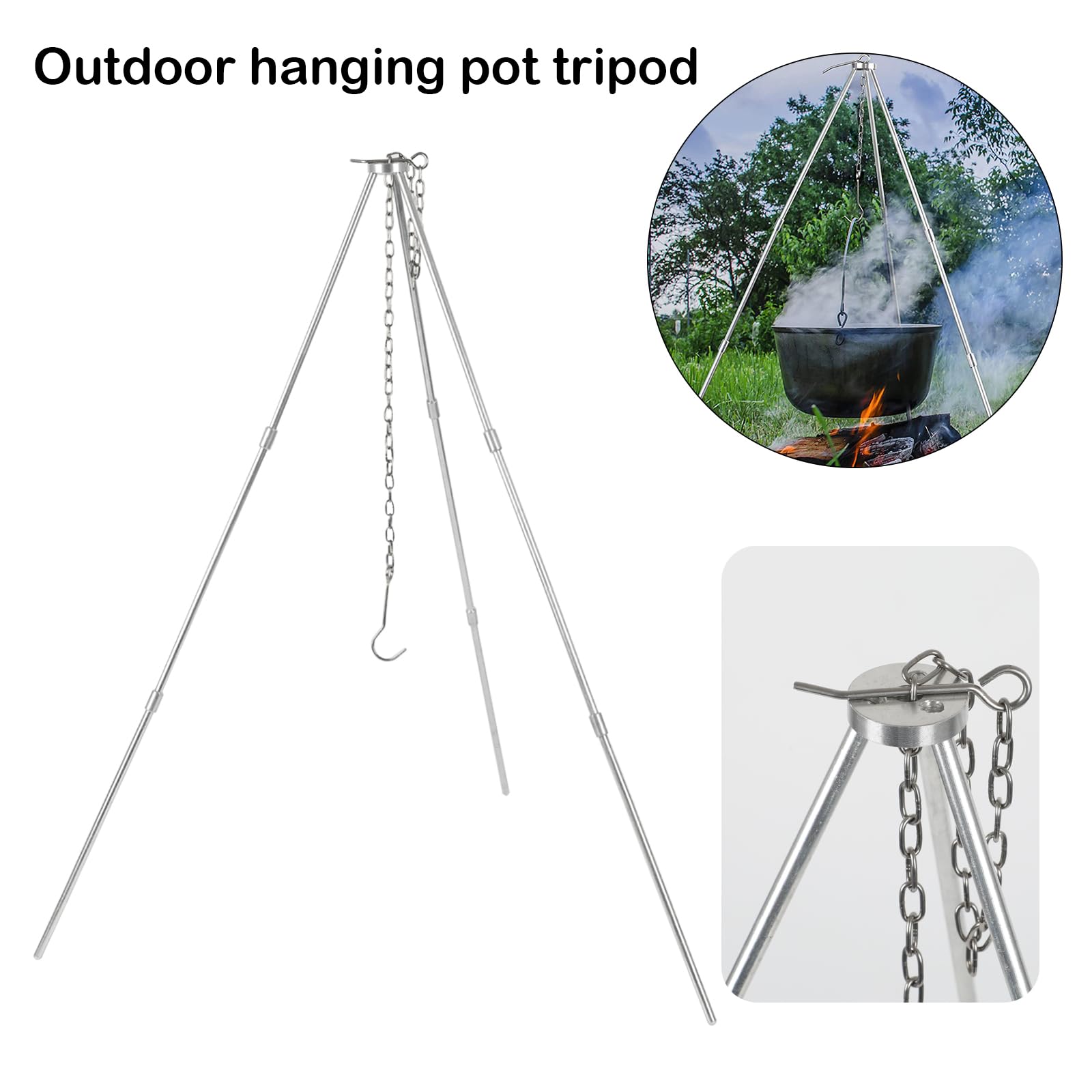 BBQ Dreibein Gestell,Dreibein Teleskopgestell Grillständer,Kochen im Freien Stativ Set Klapp Lagerfeuer Grillrost Stand Camping, Hängegrill Camping Stativ Mit Kette & Haken (B)