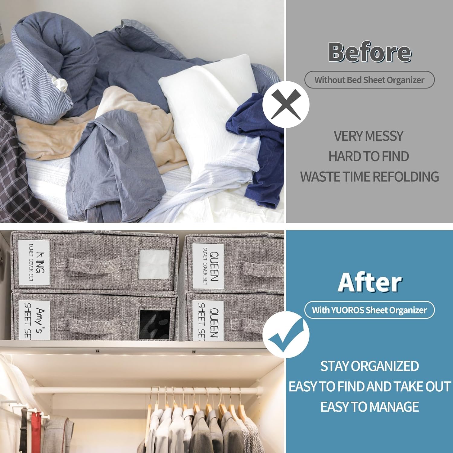 Linen Closet Storage Solutions | Organizer per lenzuola | Cestino pieghevole per biancheria da letto | Scatola portaoggetti per biancheria da letto king size, set copripiumino e federa