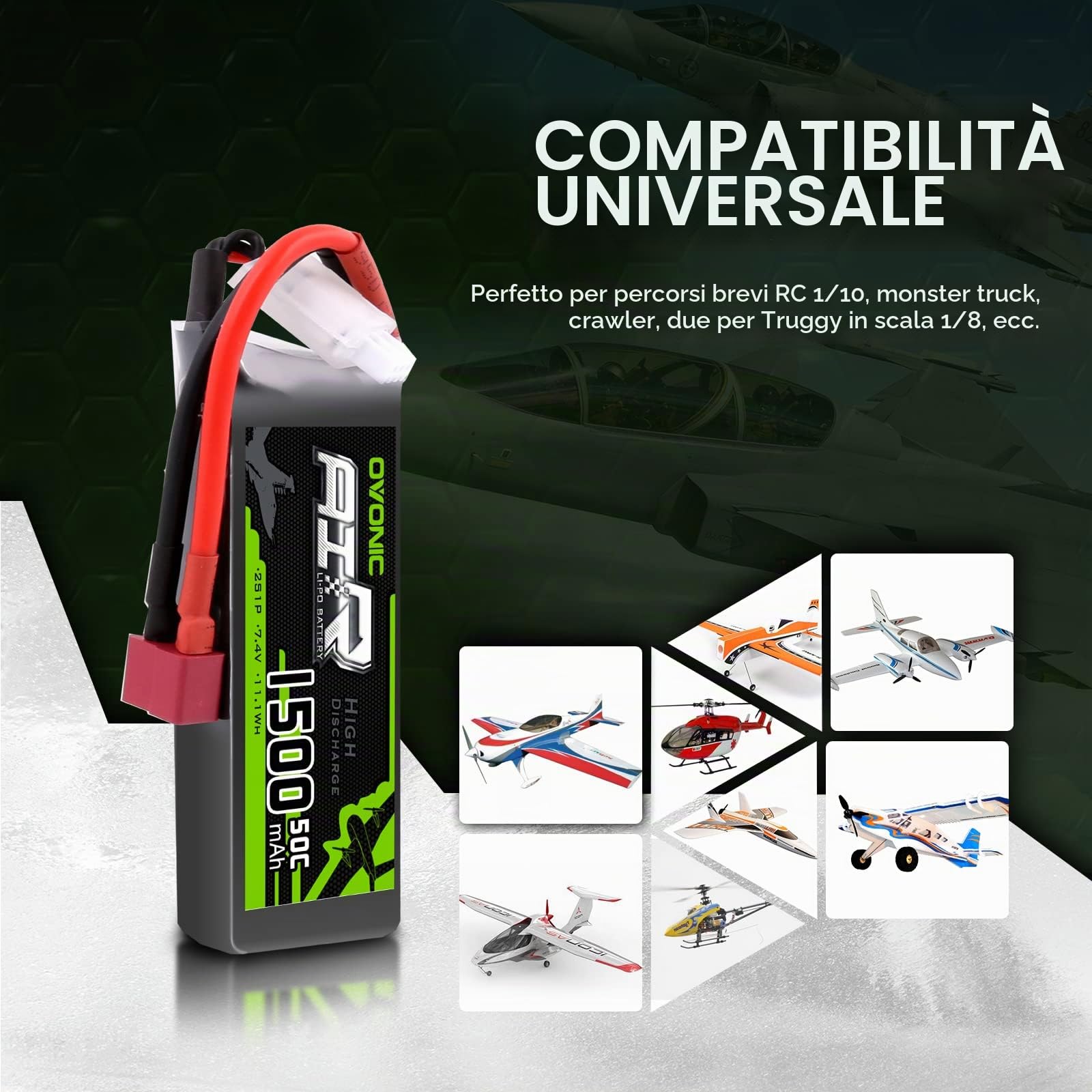 OVONIC Batteria Lipo 2s 7.4V 50C 1500mAh con connettore Deans T per RC Aereo Elicottero Auto Camion Truggy RC Hobby FAI DA TE