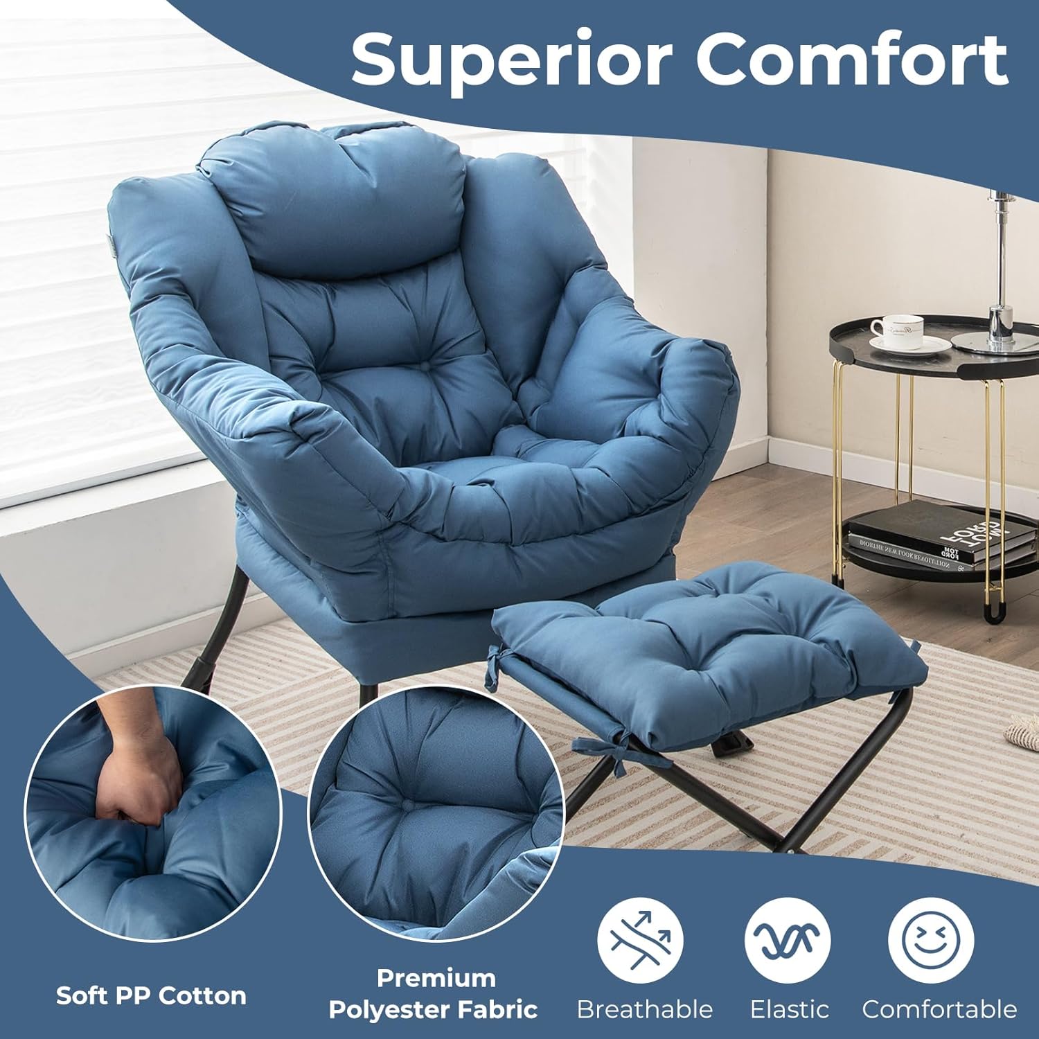 KOMFOTT Lazy Chair with Ottoman Set of 2, Leisure Upholstered Reading Sofa Chair with Armrests & Side Pocket, Modern Lounge Accent Chair with Folding Footrest for Living Room, Bedroom, Balcony, Blue