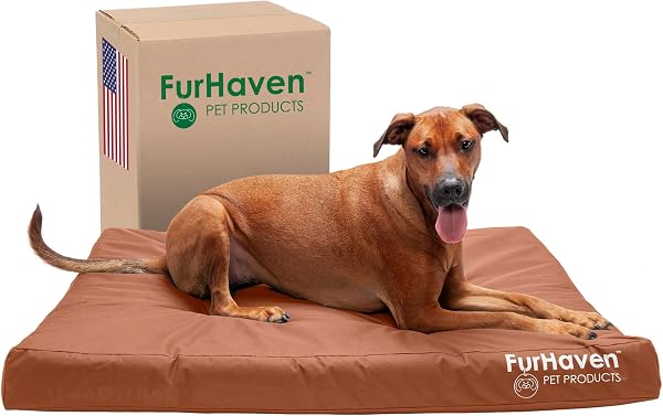 Close-up of the Chestnut-coloured, water-resistant Oxford Polycanvas cover on the Furhaven Jumbo dog bed, showcasing its texture.