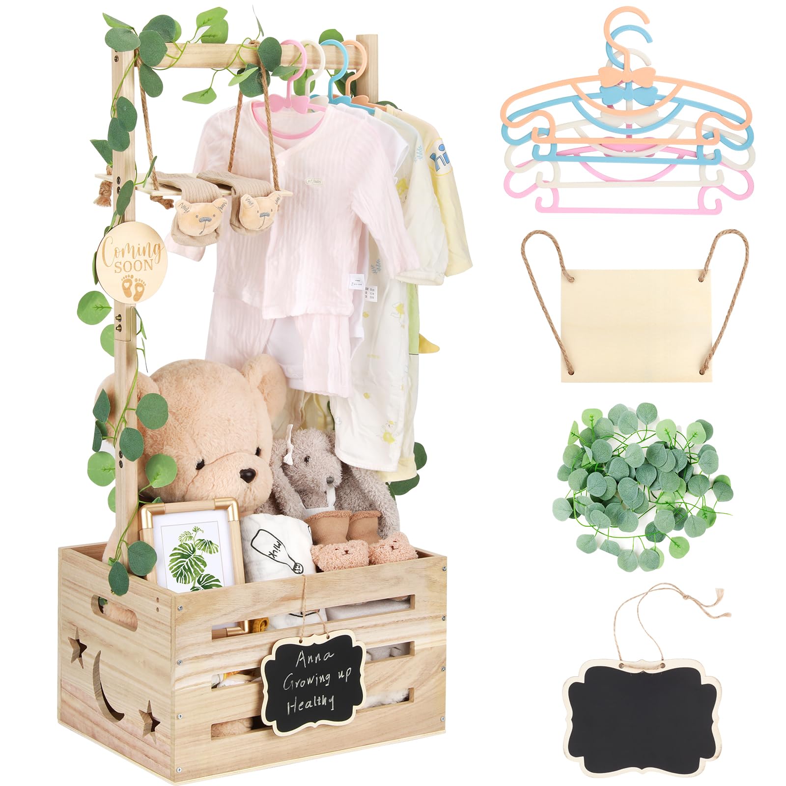 Wooden Baby Shower Crate Closet with Adjustable Handle &amp; Garland, Large Personalized Baby Shower Basket Clothes Hangers Rack Storage Box, Pregnancy Gifts for New Parents Newborn Boy Girl